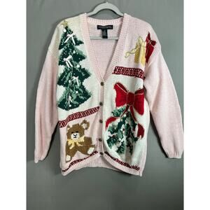 Work In Progress Womens L Pink Cardigan Christmas Coquette Bear Ribbon Cozy